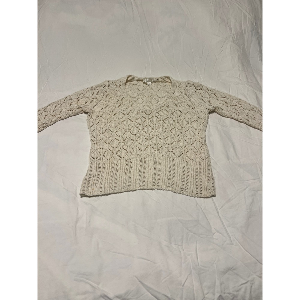 Ann Taylor Loft Petite Cream Pointelle V-Neck Crochet Knit Sweater Size LP